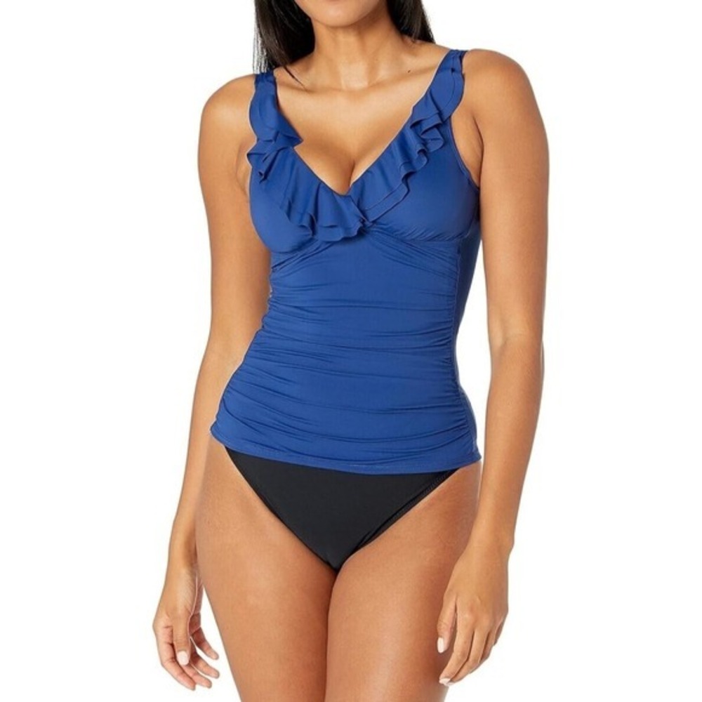 Lauren Ralph Lauren Blue Ruffle  Ruched Tankini Swim Top Size 8 Hidden Underwire